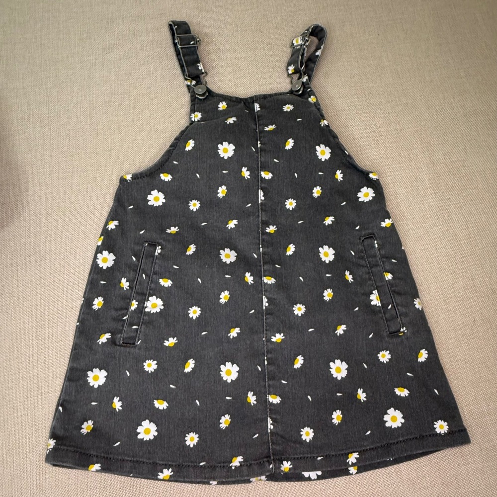 Wonder Nation Toddler Girls 3T Daisy Floral Denim Pinafore Jumper Dress Gray